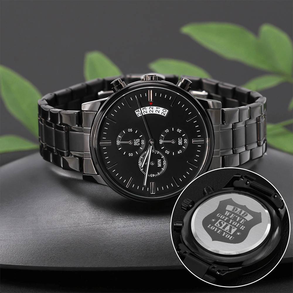 Men's Engraved Watch, We've Got Your Six, Charcoal Black, Gift Watch.