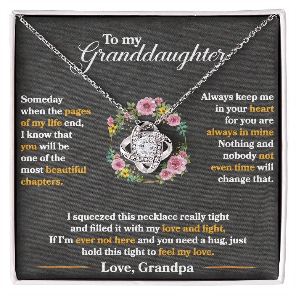 Granddaughter keepsake necklace with silver tone chain, heart pendant, and floral centerpiece in box