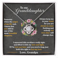 Granddaughter keepsake necklace with silver tone chain, heart pendant, and floral centerpiece in box