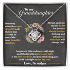 Granddaughter keepsake necklace with silver tone chain, heart pendant, and floral centerpiece in box
