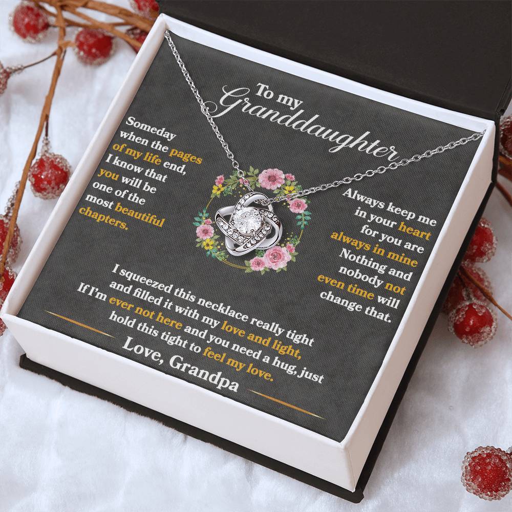 Granddaughter keepsake necklace in silver tone with round heart pendant and flower detail, boxed