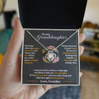 Granddaughter keepsake necklace in silver tone with heart pendant and floral accents in box