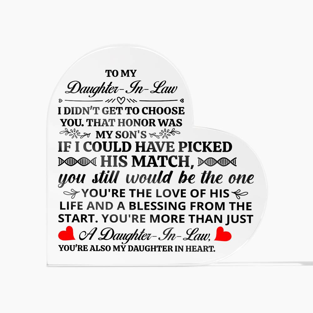 TO MY DAUGHTER IN LAW HONOR HEART ACRYLIC PLAQUE.