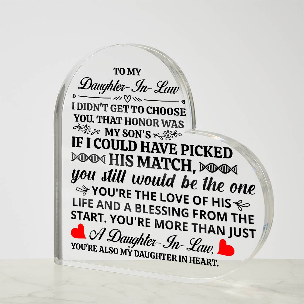 TO MY DAUGHTER IN LAW HONOR HEART ACRYLIC PLAQUE.