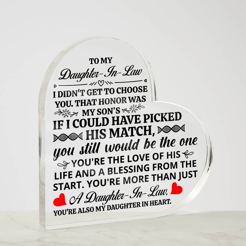 TO MY DAUGHTER IN LAW HONOR HEART ACRYLIC PLAQUE.